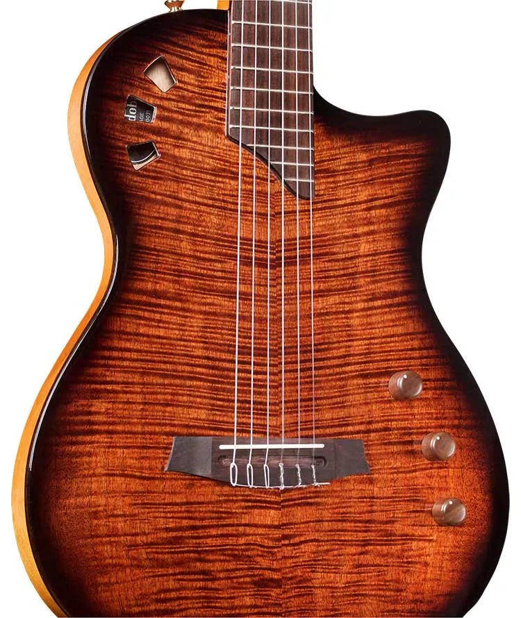 Córdoba Stage nylon-string guitar with edgeburst finish, closeup