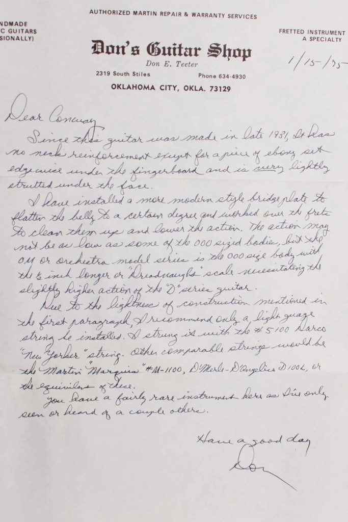 Letter to Conway Twitty form Martin repair person