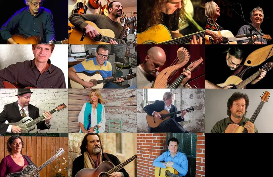 collage of 15 professional guitar players