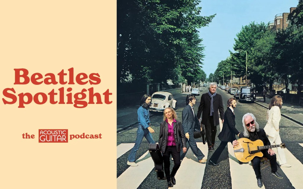 Laurence Juber, Mimi Fox, and Tim Sparks with their guitars photoshopped into the Abbey Road album cover