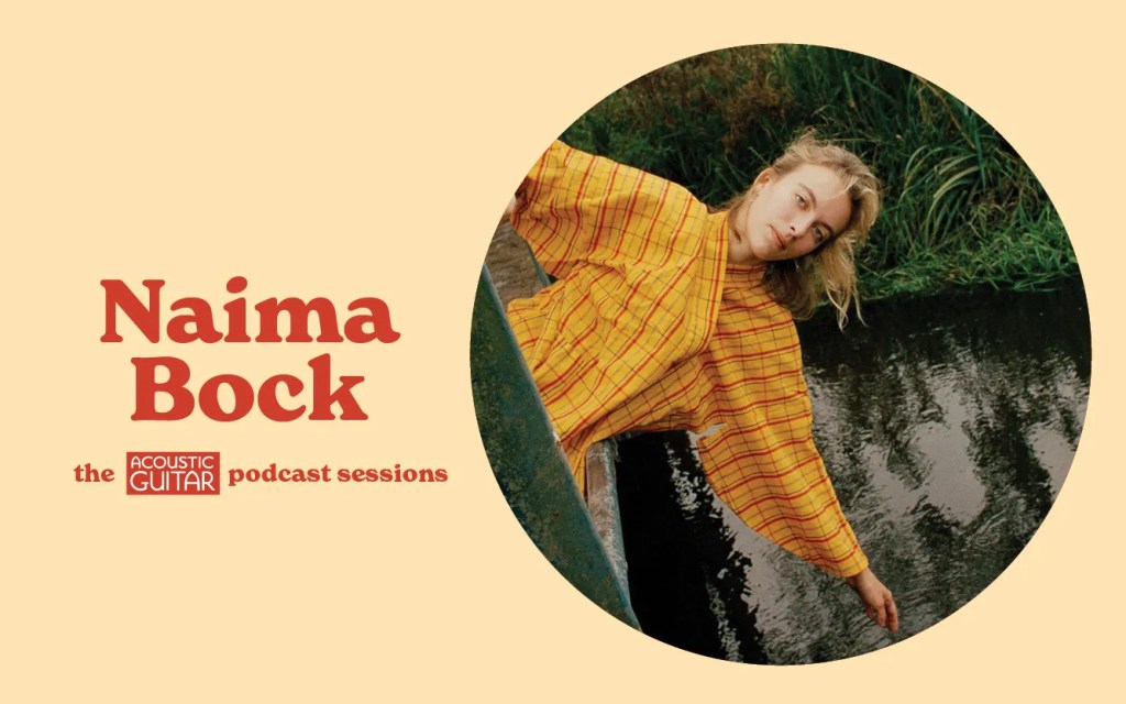 Naima Bock in an orange sweater + the acoustic guitar podcast logo