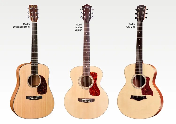 Guild Jumbo Junior, Martin D Jr. E, and Taylor Taylor GS Mini-e travel guitars