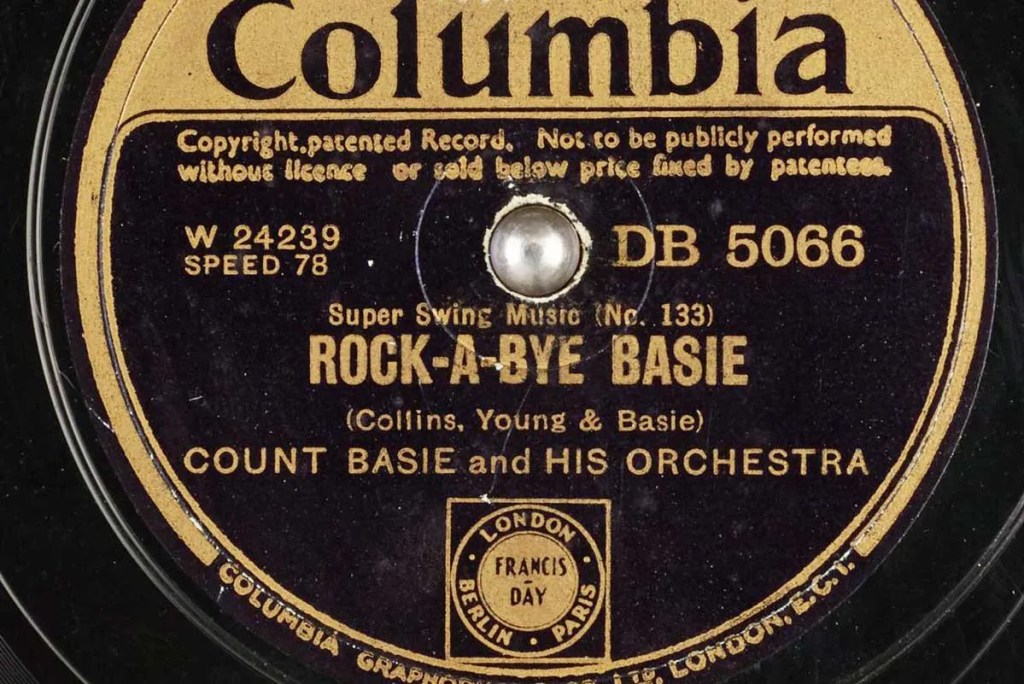 Closeup of a 78 record label: Rock-a-Bye Basie by Count Basie and His Orchestra.