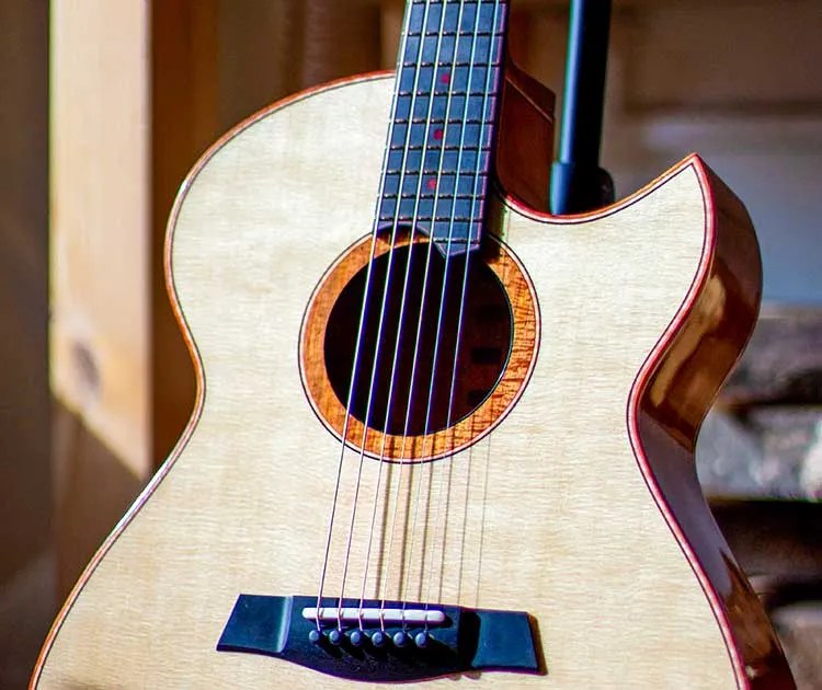 Turnstone guitar bridge and soundhole close-up