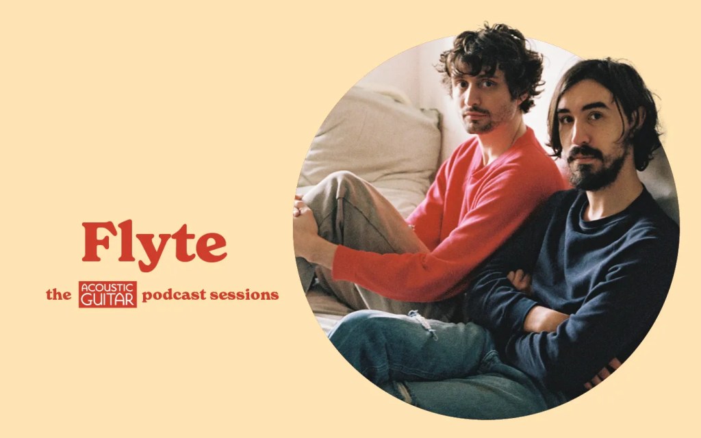 Photo of Flyte band members with the Acoustic Guitar Podcast logo