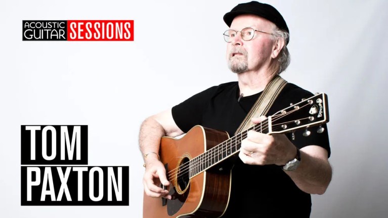 Tom Paxton playing guitar and singing during his Acoustic Guitar Session