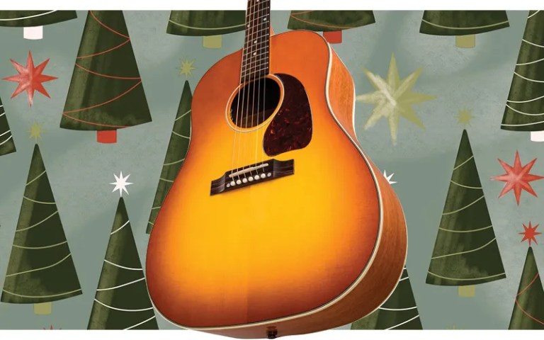 acoustic guitar with christmas trees