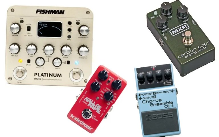 collage of various guitar effects pedals and signal processors