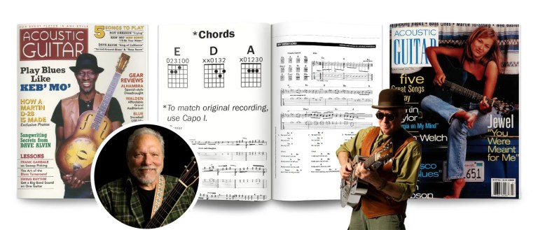 Sample song pages and covers from past issues of Acoustic Guitar magazine