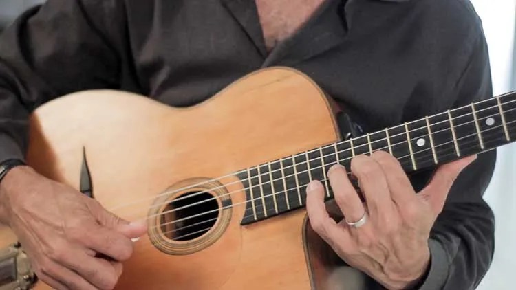 Closeup of guitarist Paul Mehling's hands as he demonstrates temolo picking