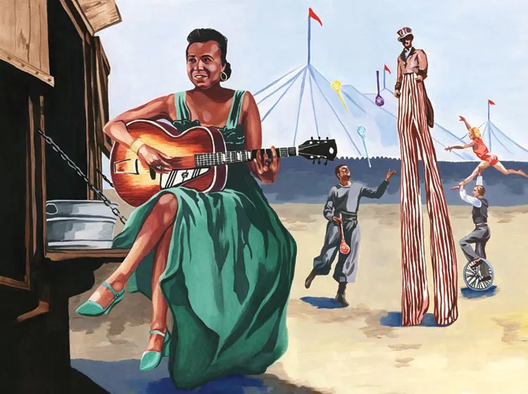 Illustration of Memphis Minnie playing guitar.