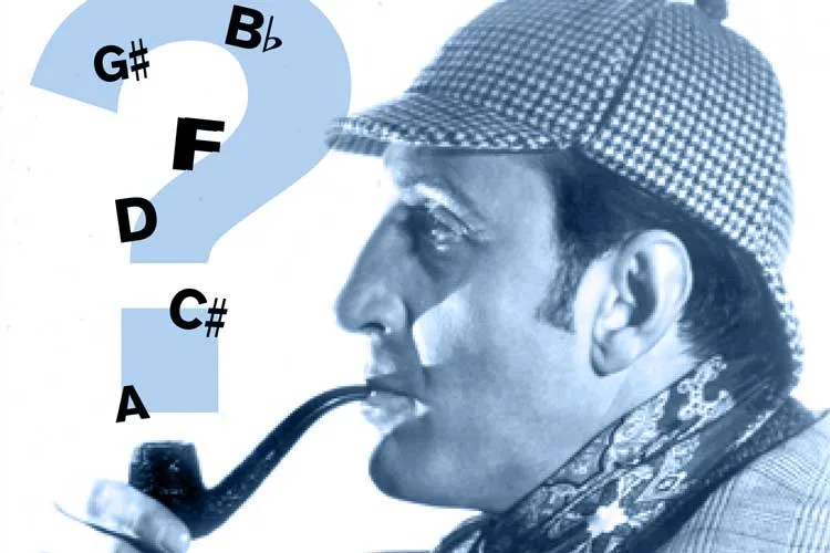 an image of detective sherlock holmes facing a cartoon question mark with note values floating within it