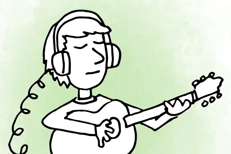 artists rendering of a person playing guitar while wearing headphones