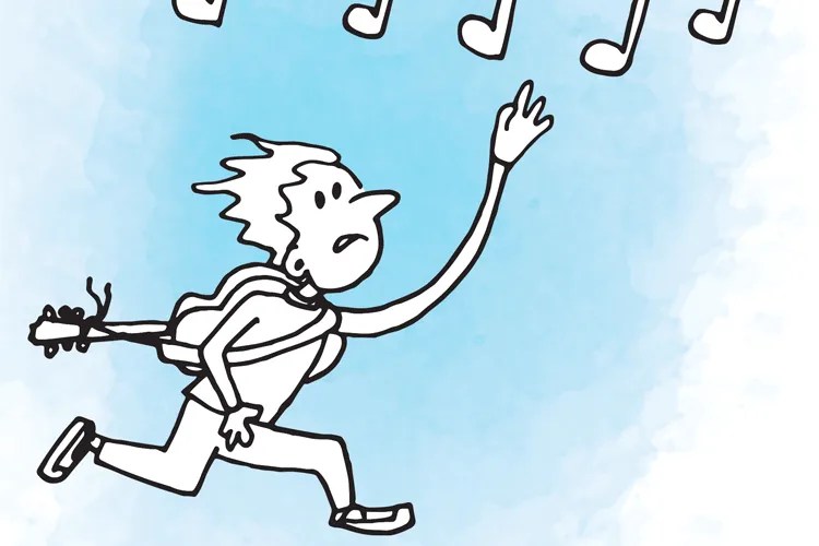 illustration of a person chasing music notes