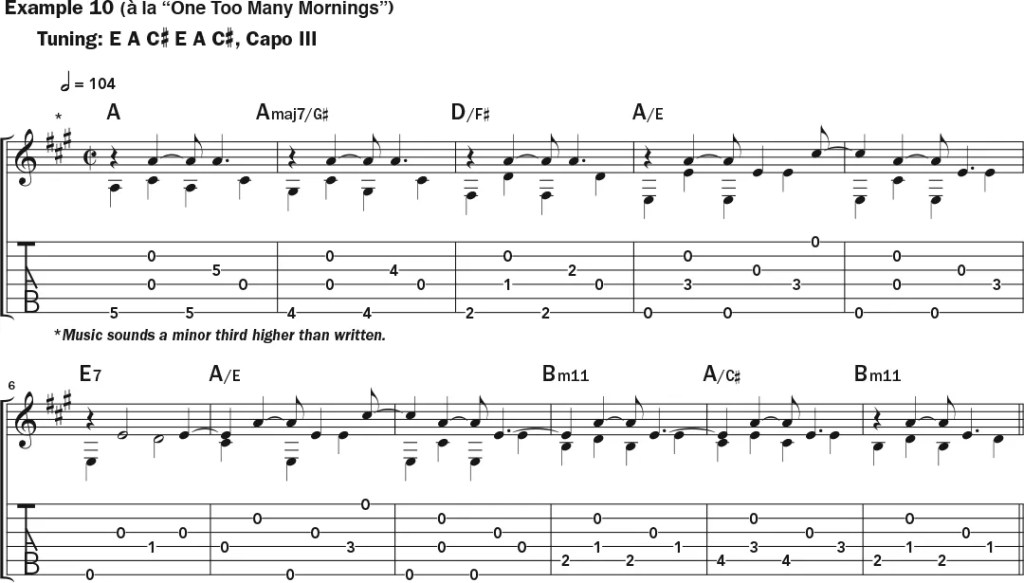 Guitar tab and notation for Example 10, al la "One Too Many Mornings"