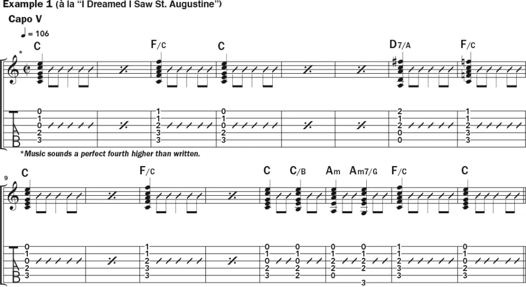 Guitar tab and notation for Example 1, al la "I Dreamed I Saw St. Augustine"