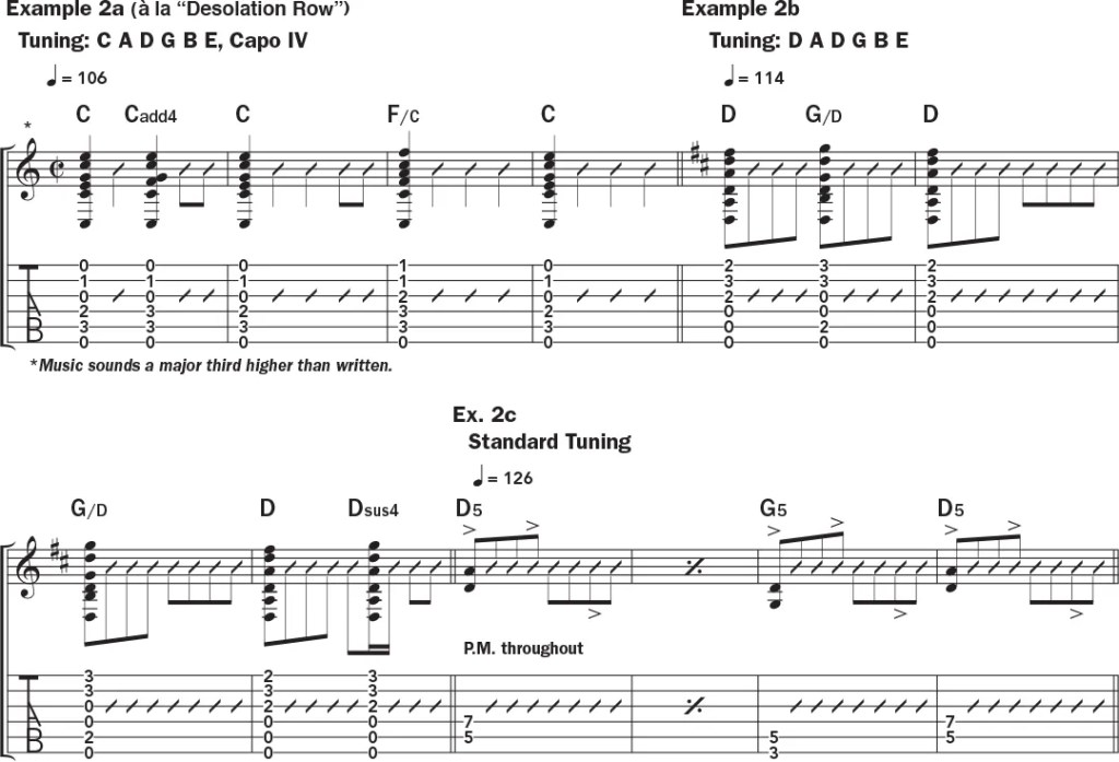 Guitar tab and notation for Example 2, al la "Desolation Row"