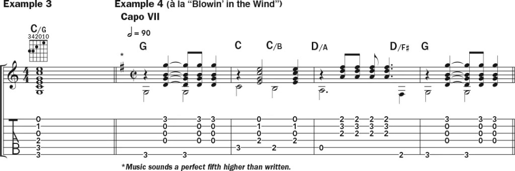 Guitar tab and notation for Example 3, al la "Blowin' in the Wind"