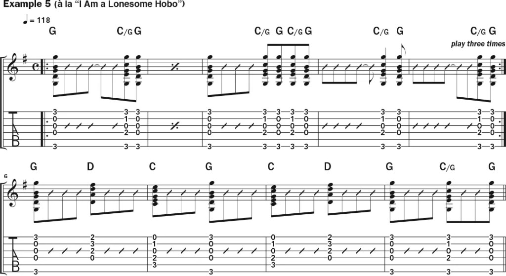 Guitar tab and notation for Example 5, al la "I Am a Lonesome Hobo"