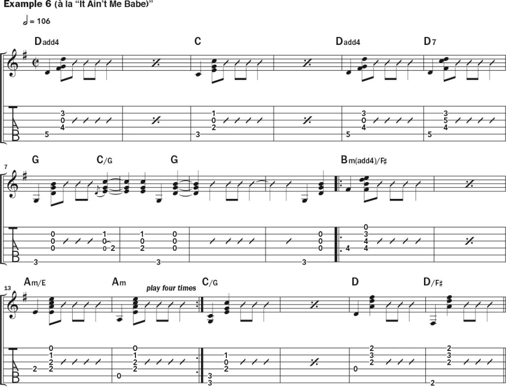 Guitar tab and notation for Example 6, al la "It Ain't Me Babe"