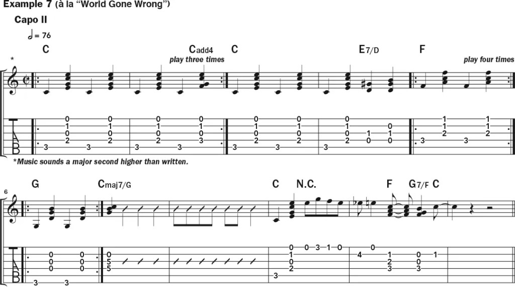 Guitar tab and notation for Example 7, al la "World Gone Wrong"