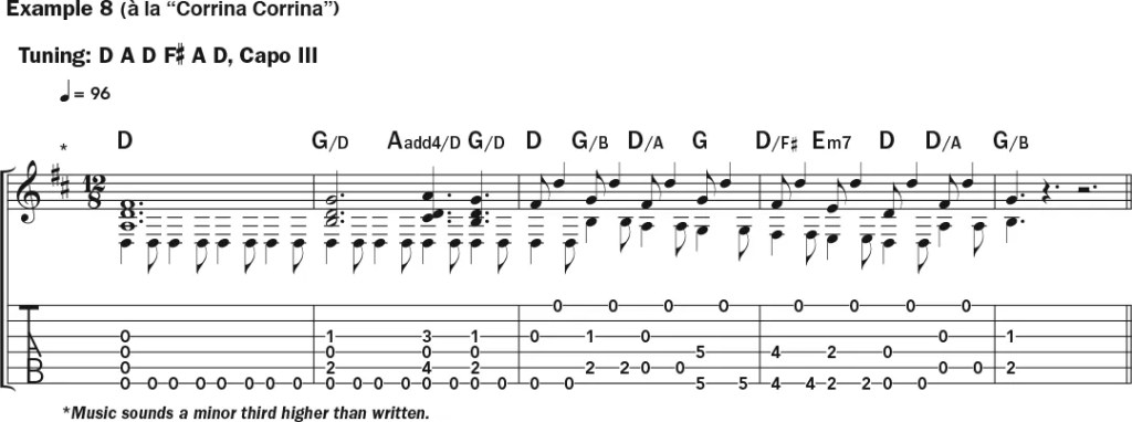 Guitar tab and notation for Example 8, al la "Corrina Corrina"