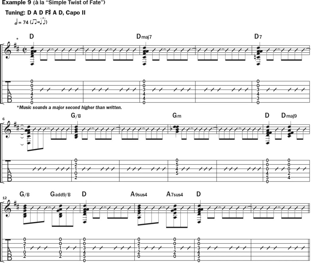 Guitar tab and notation for Example 9, al la "Simple Twist of Fate"