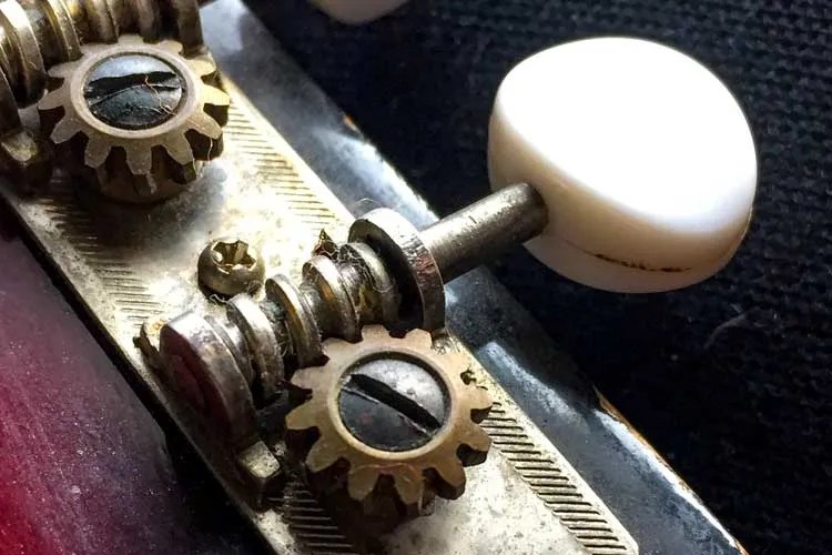 closeup of open back tuners on an acoustic guitar headstock