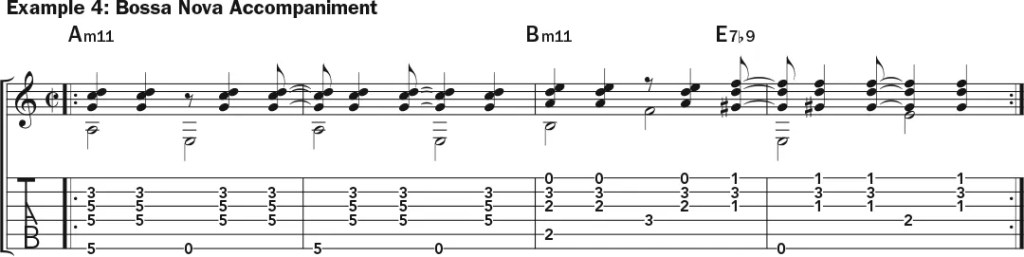 Fingerstyle guitar music notation and tablature: bossa nova accompaniment