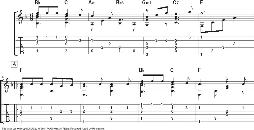 Jazzy Fingerstyle Rendition of "Over the River and Through the Woods" guitar music notation sheet 1