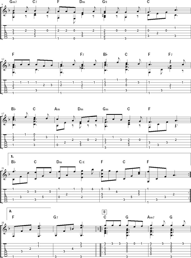 Jazzy Fingerstyle Rendition of "Over the River and Through the Woods" guitar music notation sheet 2