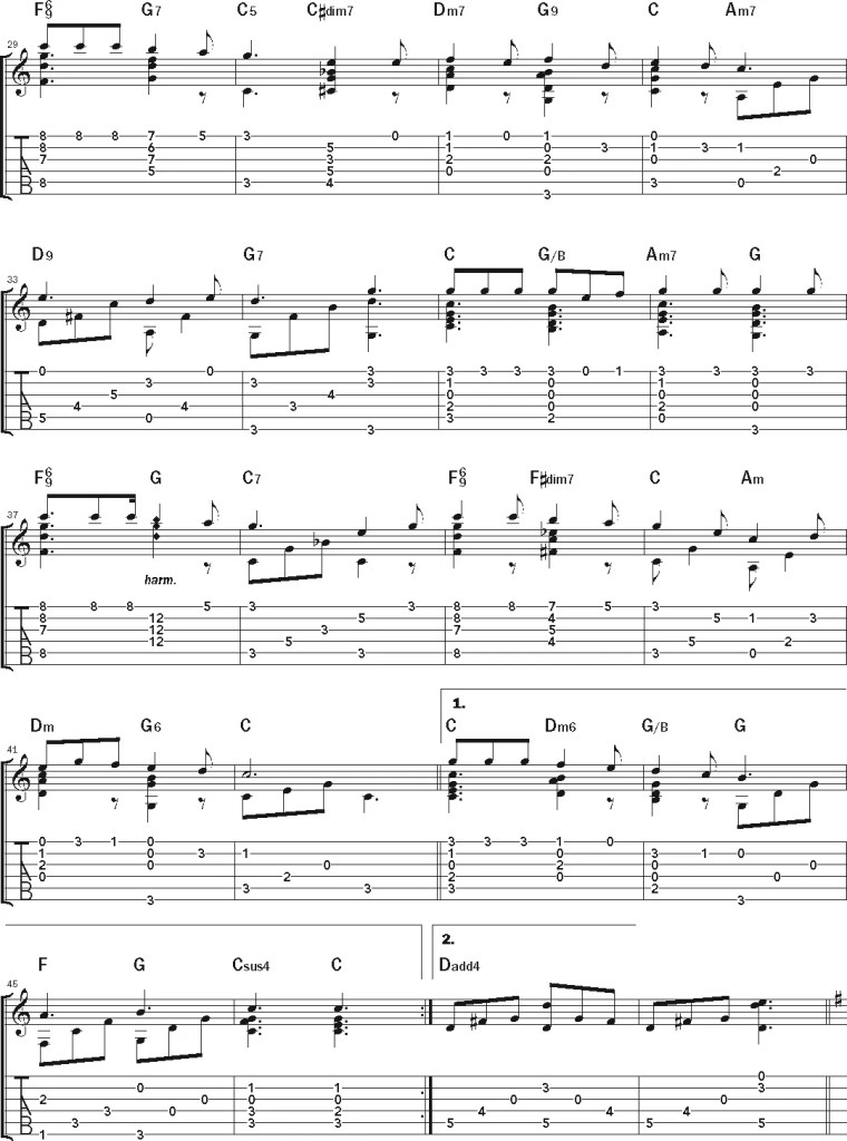 Jazzy Fingerstyle Rendition of "Over the River and Through the Woods" guitar music notation sheet 3