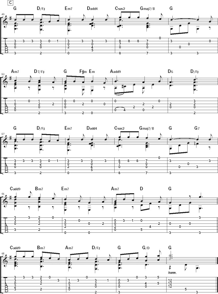 Jazzy Fingerstyle Rendition of "Over the River and Through the Woods" guitar music notation sheet 4