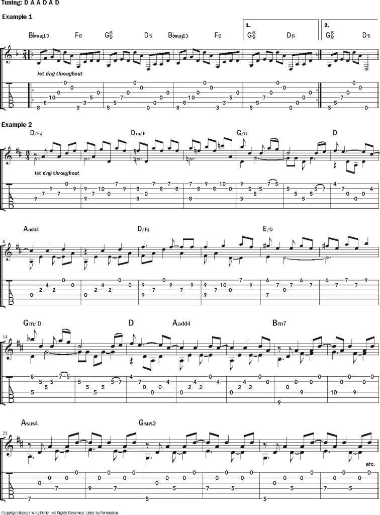 Willy Porter musical notation, examples 1 & 2