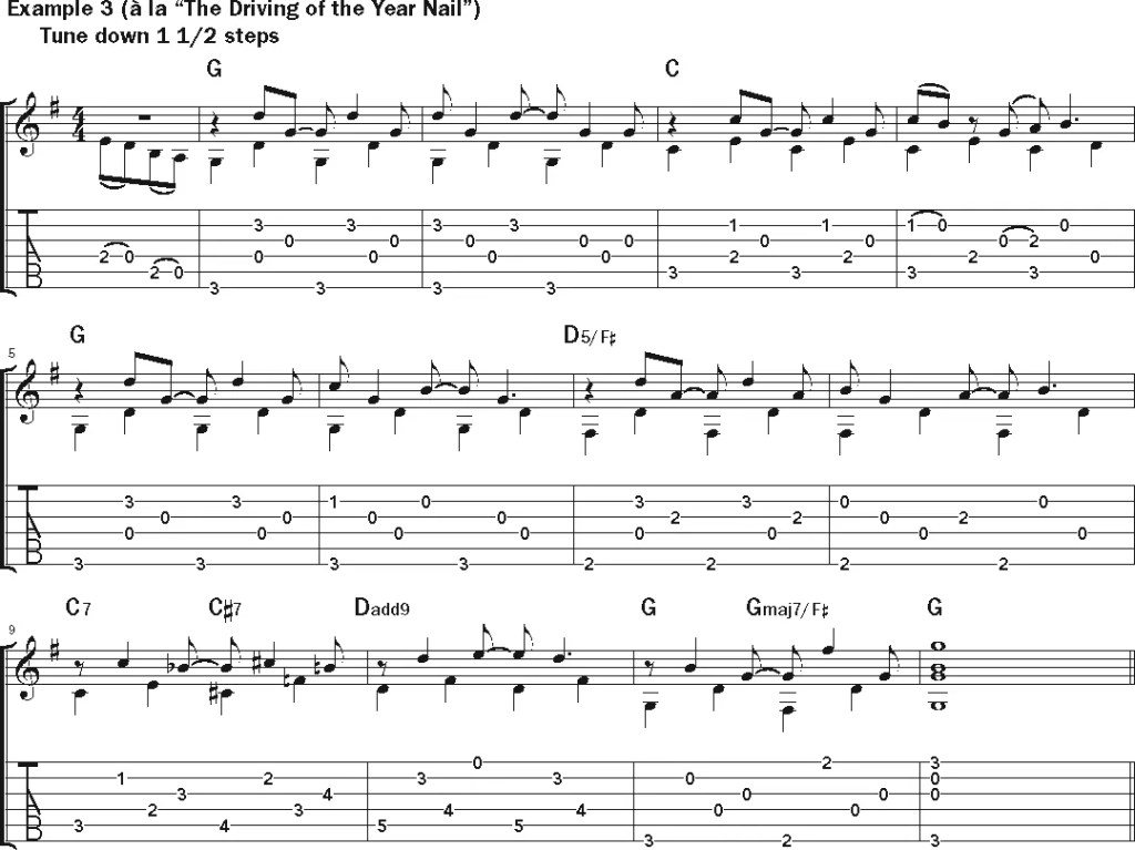 Leo Kottke, "The Driving of the Year Nail" guitar music notation example