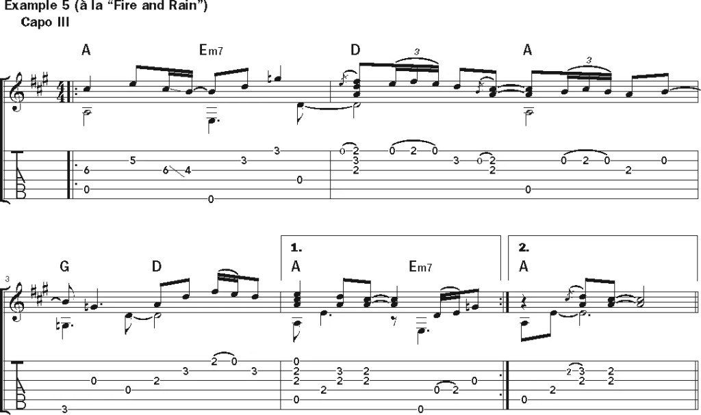 James Taylor, "Fire and Rain" guitar music notation example