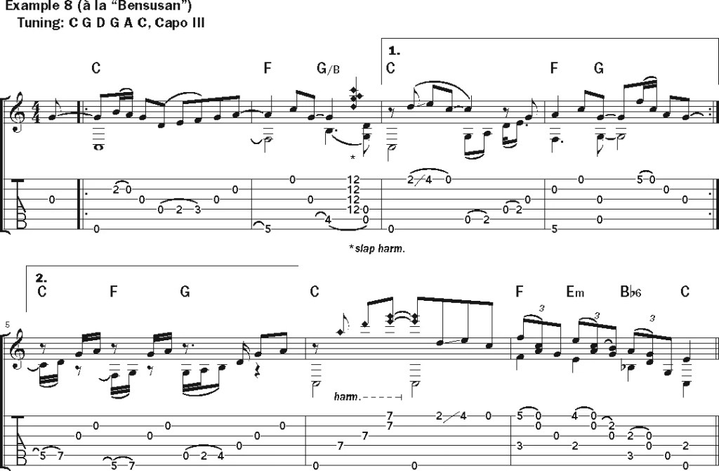 Michael Hedges, "Bensusan" guitar music notation example