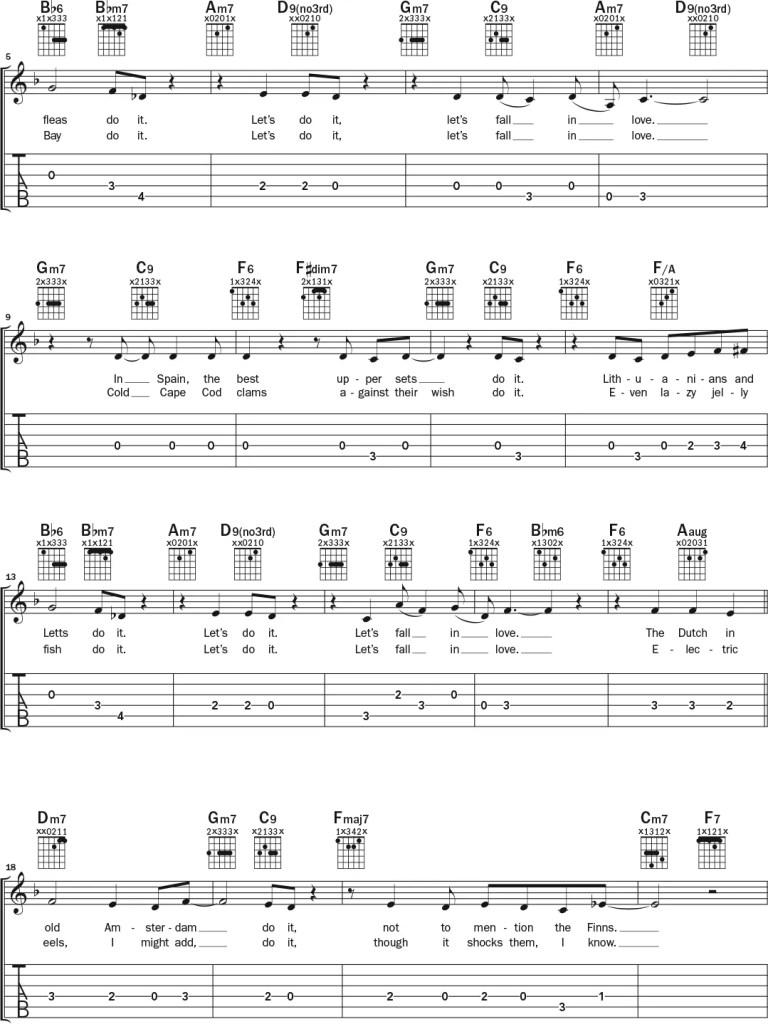 "Let's Do It, Let's Fall in Love" by Cole Porter guitar notation and tablature, page 2