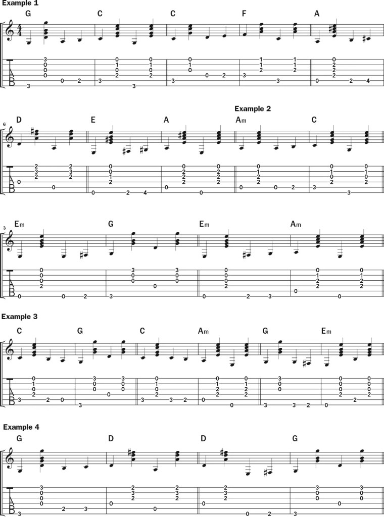 Guitar Lesson: How to Connect Chords with Bass Runs musical notation and tablature, page 1