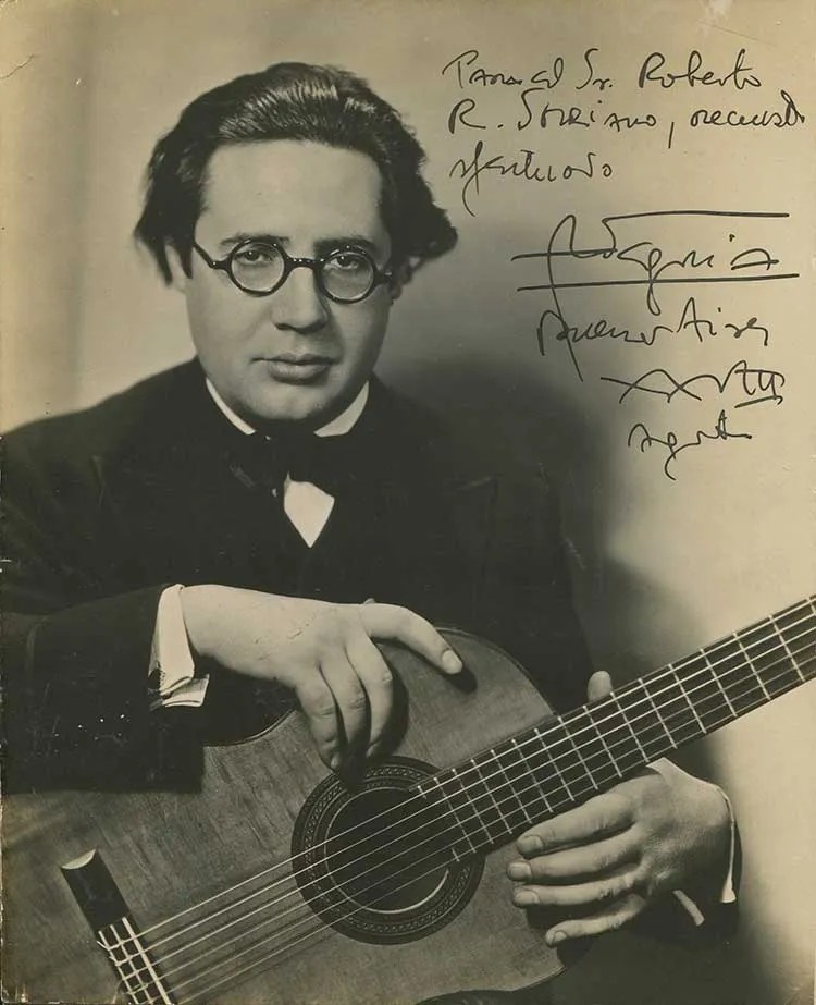 signed press photo of Andres Segovia with guitar