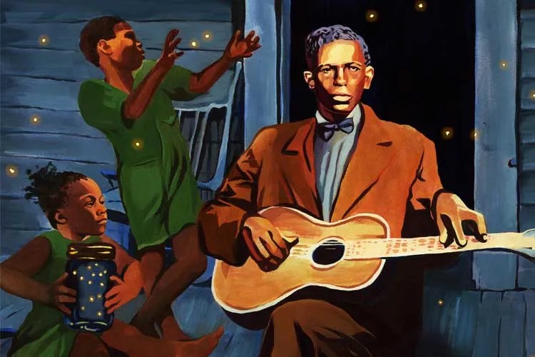 Illustration (by Olivia Wise) of Charley Patton from the book cover of Play the Blues Like. Features Patton playing his acoustic guitar on a porch, with young people looking at fireflies in the background.