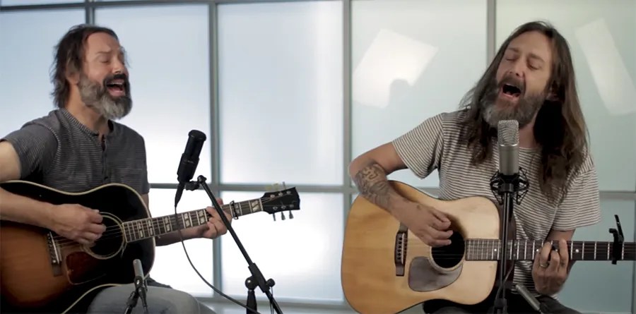 Chris Robinson and Neal Casal performing in the Acoustic Guitar studios