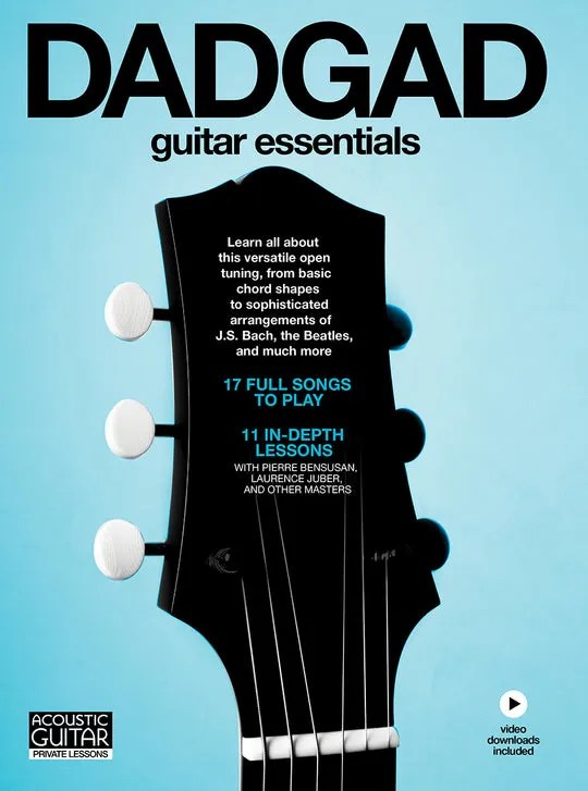 DADGAD Guitar Essentials book cover - headstock of black guitar on a striking blue background