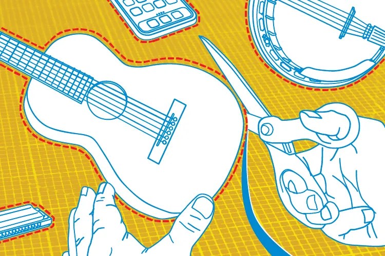 illustration of acoustic guitar being cut out with scissors like fabric