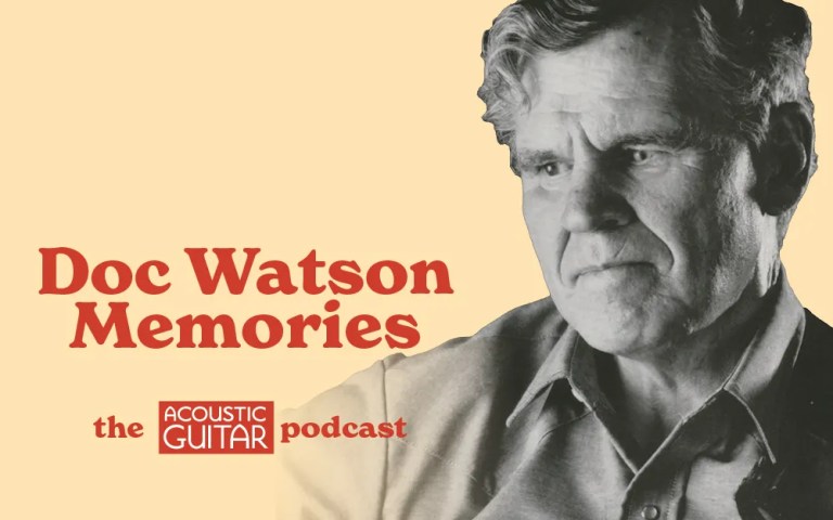 Black and white headshot of Doc Watson alongside the podcast episode title "Doc Watson Memories"