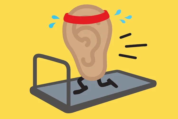 illustration of an ear, wearing a headband, exercising on a treadmill