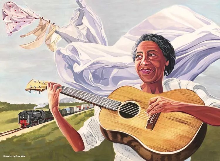 Illustration of Elizabeth Cotten playing acoustic guitar with a freight train rolling by in the background.