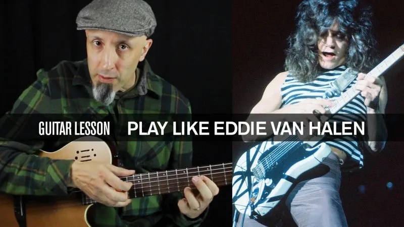 screenshot of author chris buono superimposed over a live performance image of Eddie Van Halen playing electric guitar