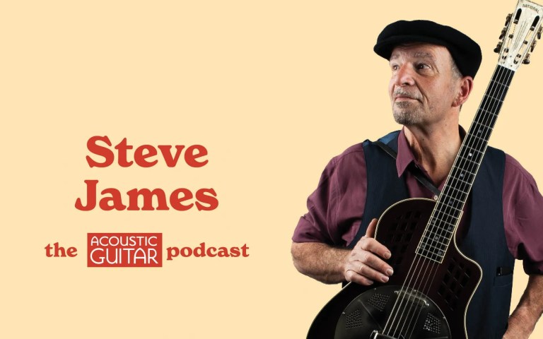 Steve James posing with his resonator guitar alongside the Acoustic Guitar Podcast logo