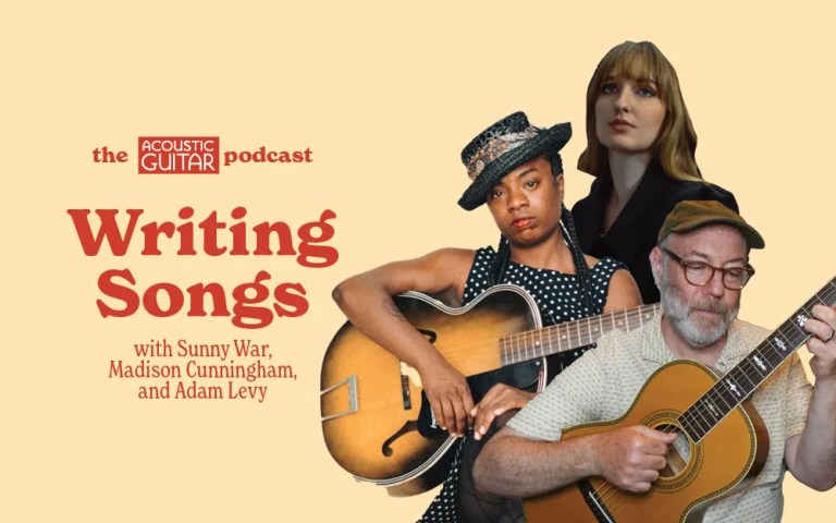 Sunny War, Madison Cunningham, and Adam Levy with guitars and the acoustic guitar podcast logo